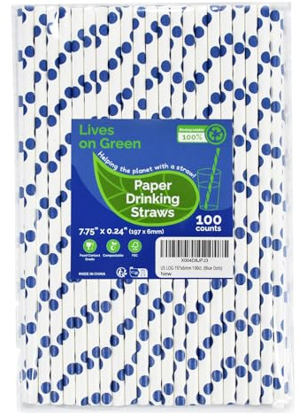 Lives on Green 100 stycken blå prickiga engångssugrör av papper 19,7 x 0,6 cm – för cocktail, juice, bar, restaurang