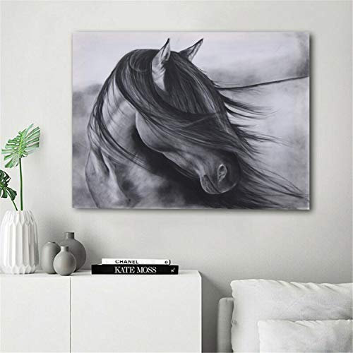 Realistisches schwarzes Pferd Skizze Poster Leinwanddruck Malerei Wandkunst Wohnzimmer Home Decoration(50X70cm No Frame)