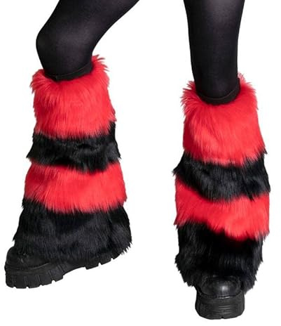 LYSINK Pelzige Beinstulpen für Damen, Kunstfell-Stiefel, Winter, warm, Pelzstiefel, Y2K, Pelz-Beinstulpen für Party-Kostüme, Ba Rot Schwarz, One size