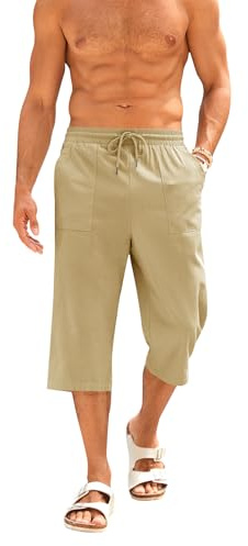 Runcati Korta byxor, herr, bomull, linne, bermudashorts, 3/4 längd, sommarbyxor, yoga, jogging, lediga sweatbyxor, sportshorts, fritidsbyxor, sweatshorts, herrbyxor med fickor, kaki, XXL