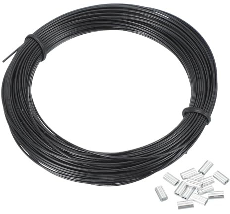 PATIKIL 1mm Stainless Steel Wire Cable Black Vinyl Coated With 20pcs M1 Crimping Sleeves for Hanging Lights Clotheslines Trellis, 66 ft, Black