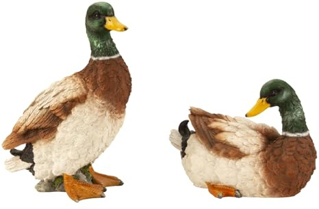 MF Dekorative Enten-Figuren, 2er Set, Stehend 21 cm und Liegend 12,5 cm, Naturgetreue Enten aus Polyresin