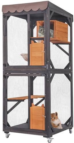 Seiyierr Catio Katzenkäfig 66-Zoll hoch, großes Katzenhaus auf Rädern, wasserdichtes Dach, Kratzstil und Hängematte, Outdoor Katzenkäfig PVC-Schicht (Braun)