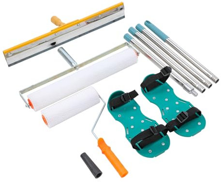 TOPWAY Self-Levelling Cement Tool Kit - 20 & 9 Epoxy Floor Paint Roller Tools + 56cm Stainless Steel Scraper Rake + 30cm Spiked Shoes + 1.6m Removable Extended Handle + Adapator