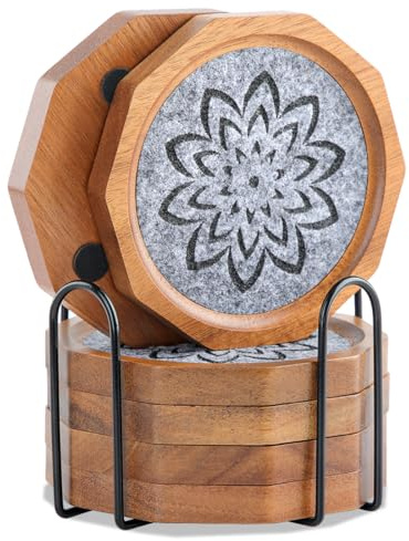 Wood Coasters for Drinks Absorbent with Lip, 4.3 Inch Acacia Wood Grey Felt Coaster with Holder for Wooden Coffee Table for Cups, Mugs, and Glasses - Set of 6
