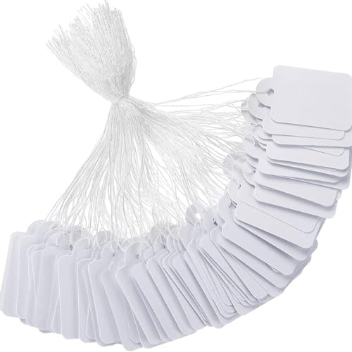 Hwtcjx Etiquette Prix, 200 Pièces Étiquette Prix Kraft, Etiquette Prix Vetement, Etiquettes de Prix, Étiquettes de Bijoux Mini avec corde pour Affichage de Bijoux de Vêtements, 25 x 45 mm (Blanc)