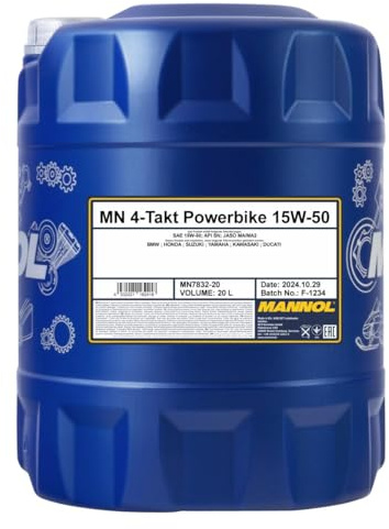 MANNOL 7832 Powerbike 4-Takt-Motorradöl 15W-50, API SN JASO MA2, 20L | Synthetisch, schützt bei hohen Temperaturen, für Motorräder und Geländefahrzeuge, passend für Ducati, Honda, Yamaha