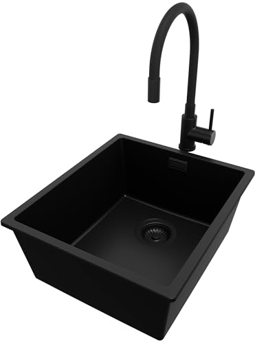 PRIMAGRAN Fregadero bajo Encimera al Mueble 45cm + Grifo, 41x47cm | Set: Grifo BW6020 + Kit de desagüe (sifón, válvula, rebosadero) + London 1 Seno Granito, Todo Negro