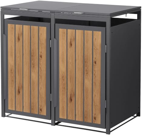 ML-Design Abri Cache 2 Poubelles, 132x80x120cm 240L, Anthracite Aspect Bois Claire en Acier, Couvercle Rabattable et Porte Clôture, Protection Visuelle, Habillage Conteneurs, Résistant aux Intempéries
