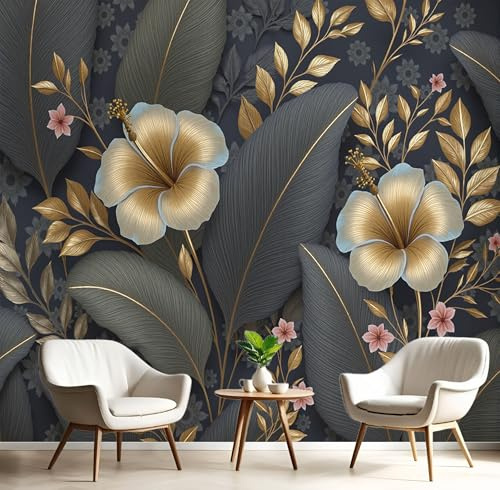 Papier Peint Soie Panoramique 3D Vert Doré Feuille De Bananier D'Hibiscus Poster Geant Mural Plantes Naturelles Pour Salon Chambre Chambre Bureau Couloir Peinture Restaurant Décoration 250X170Cm