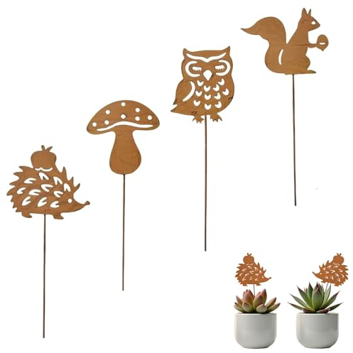 4er Set Herbst Deko Gartenstecker Igel Eule Pilz Eichhörnchen Rost Look | Wetterfester Rost-Design Stecker mit Igel, Eule, Pilz & Eichhörnchen – nostalgische Herbststimmung für Beet & Kübel.