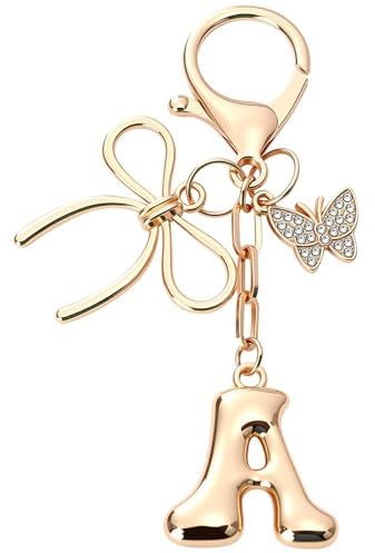 Porte-clés Lettre A Doré avec Papillon et Nœud – Bijou de Sac Initiale Alphabet, Porte Clé Personnalisé Femme, Charm Sac à Main Élégant, Accessoire Mode Porte-Clef Initial pour, Cadeaux pour femmes