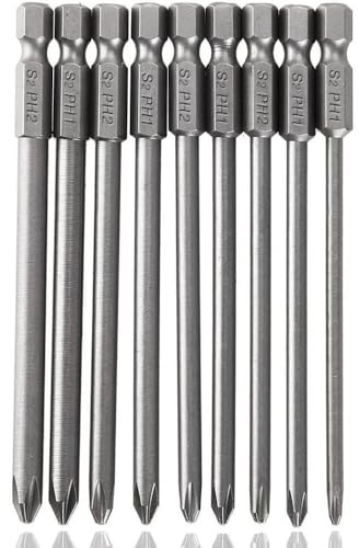 HaoTrade 9Pcs 100mm Long Cross Screwdriver Bits Set, 1/4 Hex Shank Cross Head Magnetic Philips Screw Screwdriver Bits Set Tool Accessory 3PH1, 4PH1, 4.5PH1, 5PH1, 6PH1, 4PH2, 4.5PH2, 5PH2, 6PH2