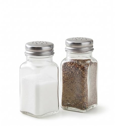 Glass Salt & Pepper Shaker Set of 2 – Classic Clear Cruet Dispenser Bottles with Stainless Steel Lids – Cafe-Style Vintage Kitchen Decor for Home, Restaurant & Wedding
