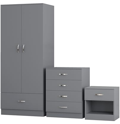 Nera Grey 3 Piece Bedroom Furniture Set 2 Door Wardrobe with Drawer Chest of Drawers & Bedside Table Bedroom Set