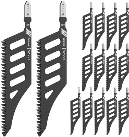 JUNFEIFLUX 15 Stück Stichsägeblatt Set, T-Schaft Laubsägeblätter 112mm | Stichsägeblätter mit Bündigem, Stichsägen Zubehör für Kork, Sperrholz, Faserplatte.