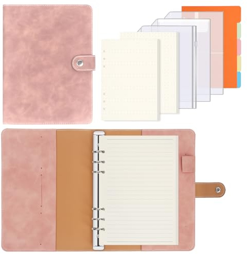 FYY A5 Ringbuch, 6 Ringe Leder Notizbuch, Tagebuch mit 135 Blätter 100GSM Nachfüllbar Papier, Bindertaschen, Registerteiler, Organizer Planer für Schule, Büro, Schreiben-Rosa