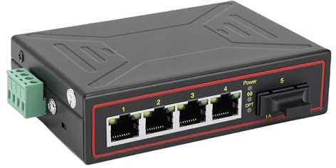 Denash Switch Gigabit Ethernet Industriale, 1 Porta Ottica SFP 4 Porte Ethernet RJ45 10 Montaggio su Guida Din 100 Mbps, con Porta FX Sostituibile a Caldo, per Trasmissione in Fibra