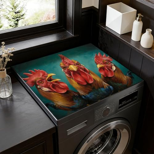 SUPERDANT Chickens Washer Dryer Topper Funny Rooster Waterproof Laundry Topper Mat Non-Slip Washer Top Protector Foldable Dryer Cover Pad For Top-Load Machines Laundry Room Decor 60x50cm