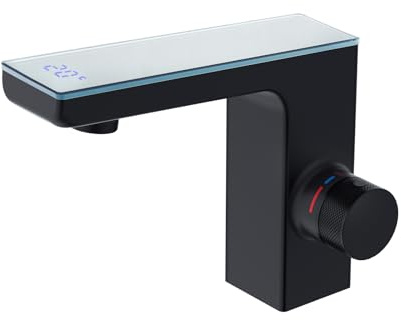 CREA infraröd sensor vattenkran badrum, automatisk sensor kran för tvättställ, digital display varmt kallt vatten blandare, kran badrum med temperaturdisplay, matt svart