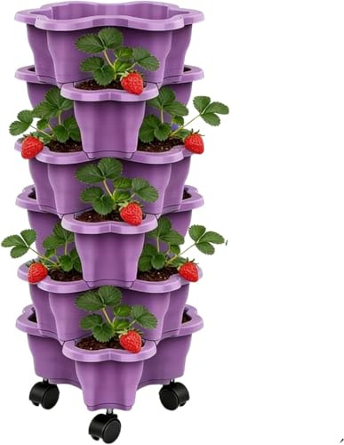 6 Niveles Macetero Apilable para Fresas - Macetas Verticales Apilables con Ruedas, Resistentes A La Intemperie para Hierbas, Flores Y Fresas, Tanto para Interiores como para Exteriores (Morado)