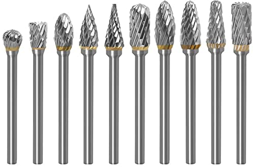 Gasea 10pcs 1/8”(3mm) Shank Rotary Burr Double Cut Tungsten Carbide Cutter Set Die Grinder Bit for Rotary Tool