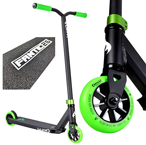 Chilli Pro Scooter Stunt-Scooter H=82cm Trick Tret Roller schwarz Grün + Fantic26 Sticker + Griptape