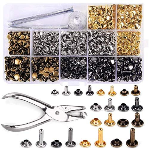 Wuudi 480 sets 3 Größen Leder Nieten Doppelkappe Niet Metall Ohrstecker mit 4 Werkzeuge Zange Setzer für DIY Lederhandwerk kleidung Reparieren Dekoration,4 Farben