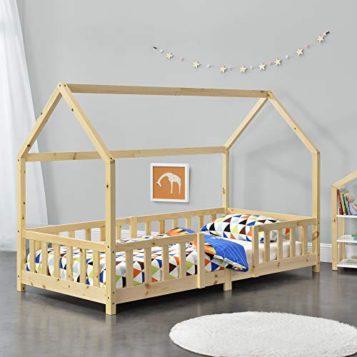 [en.casa] Children's bed Sisimiut House bed 90 x 200 cm with fall-out protection Slatted frame Pine Wood look