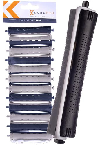Kobe Professional Hairdressing Perm Rods with Rubbers - Non-Slip, Curling Tools for Wet/Dry Hair, Durable & Reusable - Ideal for Salons & Home Use - Black/Grey 16 mm
