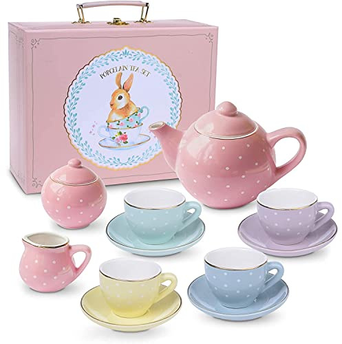 Jewelkeeper - Teeservice Pastell für kleine Mädchen, Kindergeschirr Spielküche, 13-teilig - Pastell Polka Dot Design, Teeservice Kinder Pastel für fantasievolles Spielen und kreative Teepartys