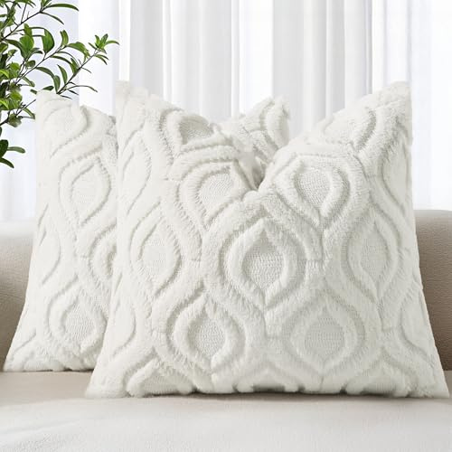decorUhome Cremeweiß Fell Kissenbezüge 40x40 cm 2er Set, Deko Weich Plüsch Kunstfell Kissenbezug 16x16 für Sofa
