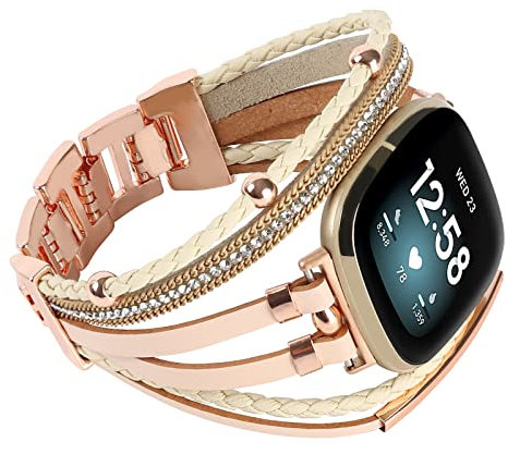 Posh Lederarmbänder kompatibel mit Fitbit Versa 3/Fitbit Sense, Frauen Boho Stilvolle mehrschichtige Wickelarmbänder, handgefertigtes, Leder, Achat