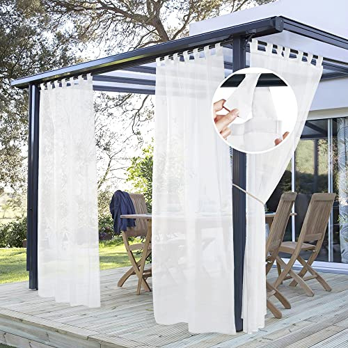 PONY DANCE Rideaux d'Extérieur - Blanc Rideau Voilage avec Pattes, Draperies Imperméable Décoration de Patio Jardin Terrasse Maison, L 137 x H 213 cm, 2 Panneaux