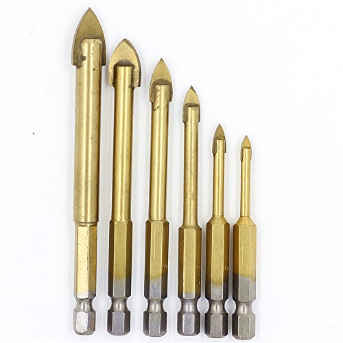 ZONADAH Set di 6 punte per vetro rivestite in titanio con codolo esagonale da 6,35 mm per piastrelle, marmo, ceramica, specchio e vetro, 4 mm, 5 mm, 6 mm, 8 mm, 10 mm, 12 mm