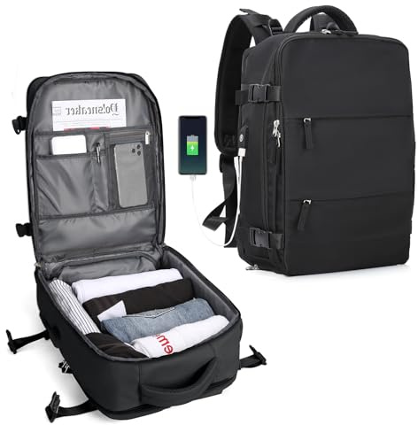SZLX Großer Reiserucksack Damen,Vakuum Rucksack mit Pumpe Ryanair Handgepäck 40x30x20 Herren,Wizzair Handgepäck 40x30x20 Wasserdichter Tagesrucksack Fit 14 Zoll Laptop mit Schuhfach Laptopfach,Schwarz
