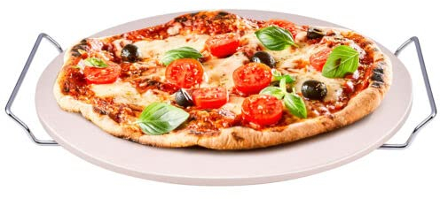 33cm 13'' Pizza Stone W/Chrome Stand Oven Baking Grill BBQ Ceramic Serving Tray Rack Round with Serving Board & Chrome Stand