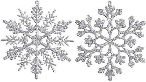 YIEUR 30 Stück Schneeflocken Weihnachten Silber Deko Anhänger, 10cm Weihnachtsbaum Glitzer Schneeflocken Anhänger Plastik Weihnachtsbaumschmuck (Silber)