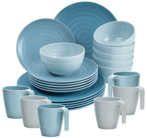 Camping Geschirr Set aus Melamin für 6 Personen - Tellern und Tassen - 24 Teile - Blau mit Oberflächenstruktur Campinggeschirr - Outdoor Tafelgeschirr Wohnwagen Wohnmobil Geschirrset