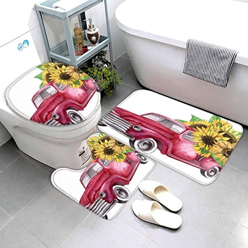 AOLIGL Badematte Halloween Roter LKW Danksagung Badematten Set rutschfest Waschbar Badgarnitur 3teilig - WC Deckelbezug U-förmigen Contour Badezimmerteppich Matte Flauschige