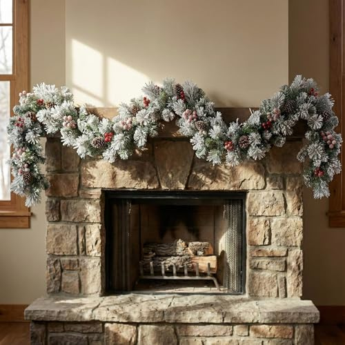 EVRE 9ft / 275cm Christmas Garland | Artificial Snowy Garland with Red Berries & Pine Cones, Flexible Branches, Fire-Resistant PVC, Indoor Xmas Decoration for Fireplace, Stairs & Doorways.