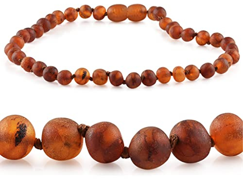 Amber Seven Rohe Cognac Bernstein Halskette | unpolierte baltische Bernsteinkette in Cognac | drei Größen 32, 38, 45 cm | 5 mm Bernsteinperlen | Halskette aus natürlichen grünen Bernsteinperlen