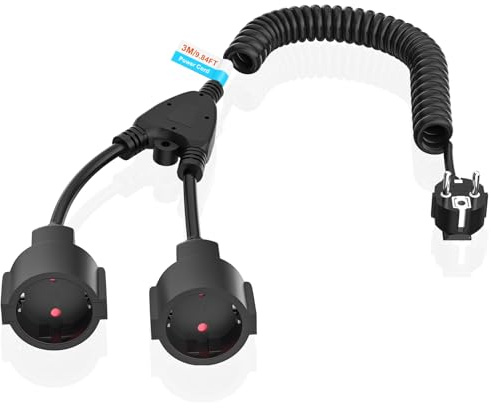 Spiralförlängning med skyddskontakt, Schuko-förlängning med 2 Schuko-uttag, 3M spiral kontaktkabel utdragbar från 0,9 m till 3 m Max, 230V/16A PVC-förlängning, svart