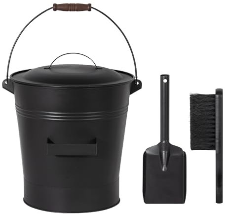 Todeco Seau à Cendres avec Couvercle, Pelle et Brosse, Seau à Charbon en métal 19 litres avec Anse pour Cheminée Intérieure et Extérieure, Foyer, Poêle à Bois, Barbecue, Noir