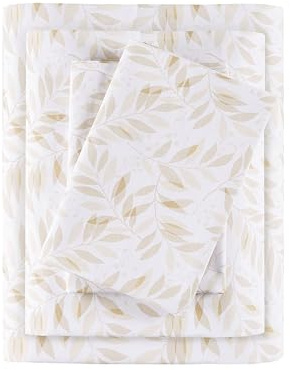 Madison Park Essentials Parure de lit 4 pièces 100% Coton, Respirantes et Douces, Motif imprimé, Poche élastique en Coton pour Matelas jusqu'à 43,2 cm, Toutes Saisons, très Grand lit, Feuilles Brun
