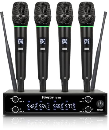 Flygrow Microfono senza fili, in metallo, 4 canali UHF, sistema di microfono portatile senza fili, adatto per karaoke domestico, riunioni, feste, chiesa, DJ, matrimoni, frequenze regolabili UHF 4x34