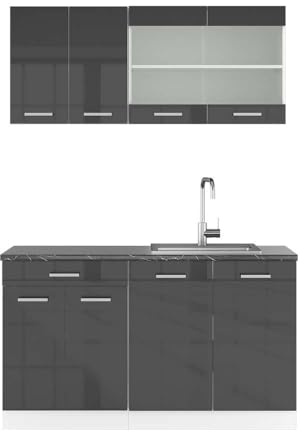 Vicco Singleküche R-Line, Anthrazit Hochglanz, 140 cm | 4 Module · Höhenverstellbare Füße · AP Anthrazit inkl. · Robuste Fronten · Mit Glasschrank · Frei kombinierbar