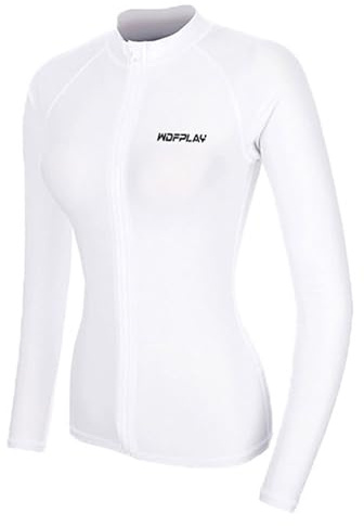 LiiYii Rashguard dam långärmad T-shirt Upf50+ solskydd lätta surftoppar snabbtorkande strandkläder med dragkedja framtill för simning dykning, Vitt och blått, S