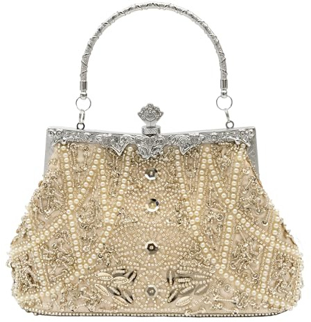 lapulio Borsa da sera vintage con foglie floreali e paillettes, elegante pochette da donna per spose, balli, feste e occasioni formali, Champagne, 9 x 2.8 x 6.1 inches
