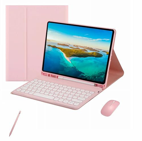 XFTeoux Funda con Teclado para iPad 7/8 / 9ª generación 10.2 2019 2020 2021,Teclado inalámbrico Bluetooth Desmontable, Funda Folio de Piel con lápiz y ratón,Rosado